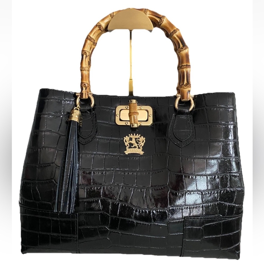 🆕 Pratesi Firenze🇮🇹Crossbody Satchel Black Croc Embossed Leather Bamboo Handles